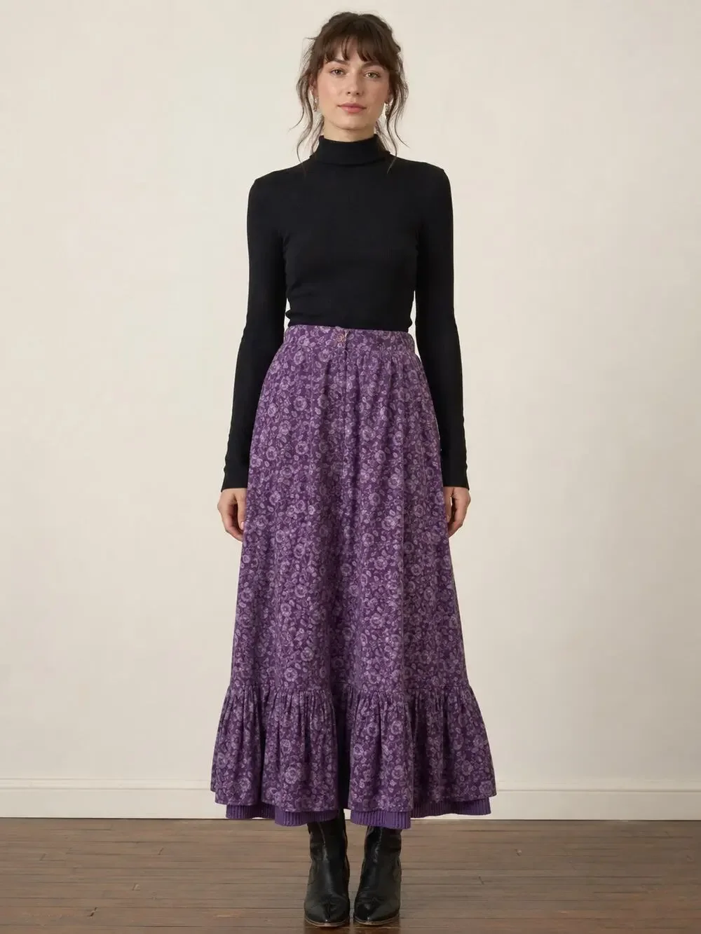 Gunnies Gunne Sax Vintage Skirt Floral Purple Ruffle Hem Prairie Cottagecore - Picture 1 of 13